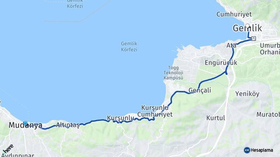 Bursa Mudanya Gemlik Arası Kaç Km - Yol Haritası