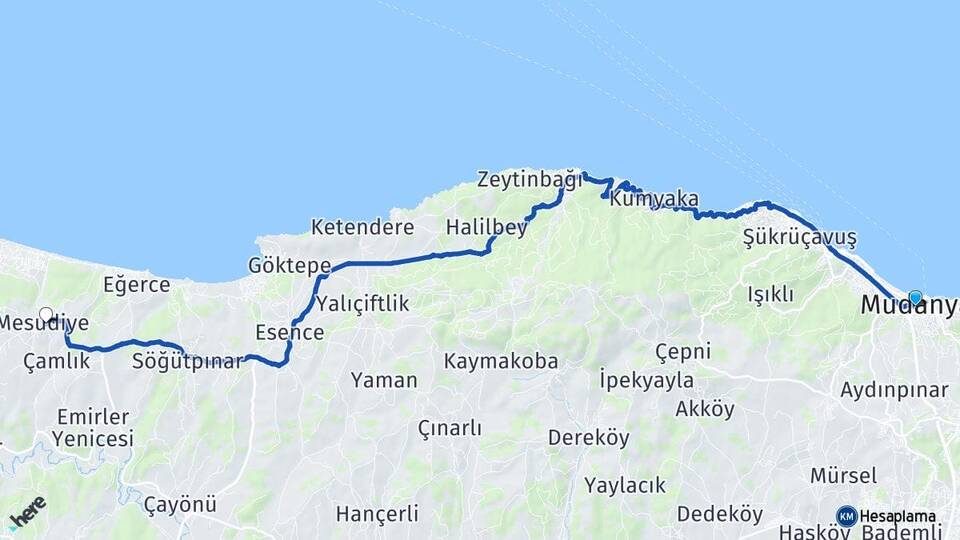 Bursa Mudanya Mesudiye Mudanya Arası Kaç Km - Yol Haritası