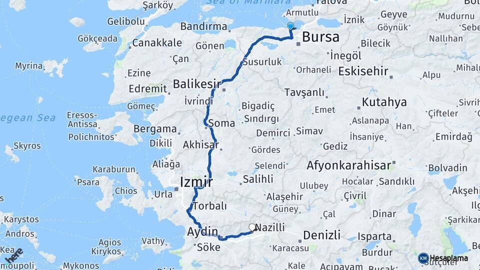 Bursa Mudanya Nazilli Aydın Arası Kaç Km - Yol Haritası