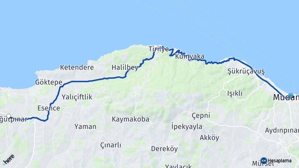 Bursa Mudanya Söğütpınar Mudanya Arası Kaç Km - Yol Haritası