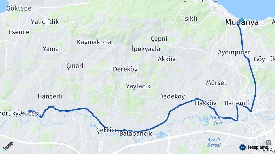 Bursa Mudanya Yörükyenicesi Mudanya Arası Kaç Km - Yol Haritası