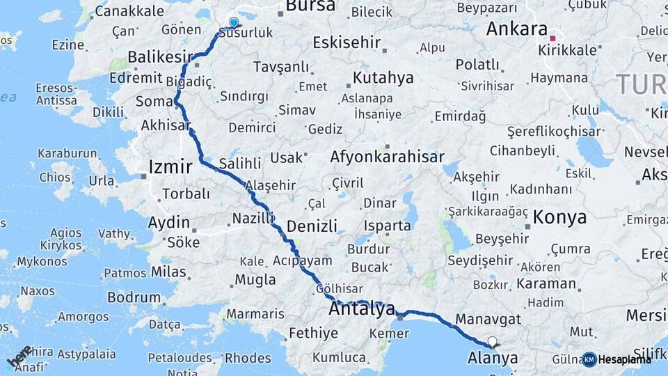 Bursa Mustafakemalpaşa Alanya Antalya Arası Kaç Km - Yol Haritası