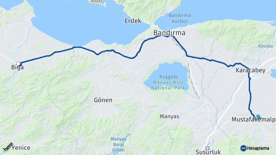 Bursa Mustafakemalpaşa Biga Çanakkale Arası Kaç Km - Yol Haritası