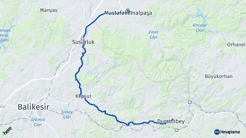 Bursa Mustafakemalpaşa Dursunbey Balıkesir Arası Kaç Km - Yol Haritası