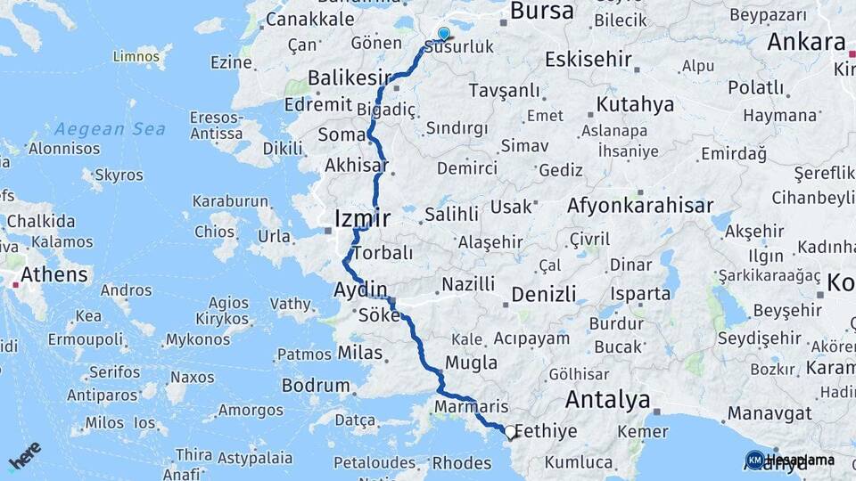 Bursa Mustafakemalpaşa Fethiye Muğla Arası Kaç Km - Yol Haritası