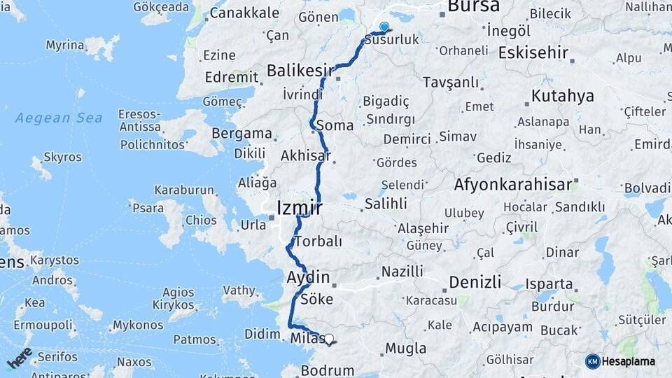 Bursa Mustafakemalpaşa Milas Muğla Arası Kaç Km - Yol Haritası