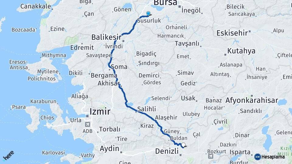 Bursa Mustafakemalpaşa Pamukkale Denizli Arası Kaç Km - Yol Haritası