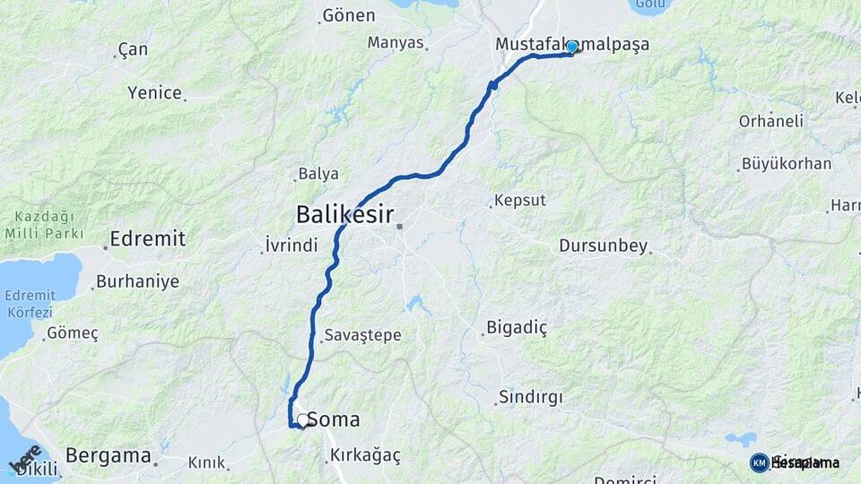 Bursa Mustafakemalpaşa Soma Manisa Arası Kaç Km - Yol Haritası