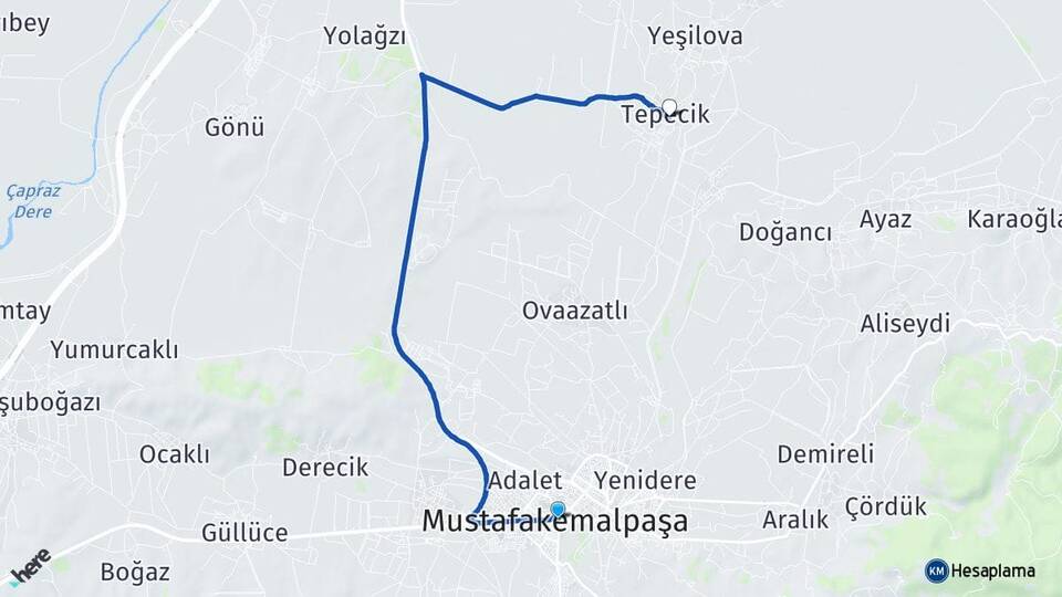 Bursa Mustafakemalpaşa Tepecik Mustafakemalpaşa Arası Kaç Km - Yol Haritası