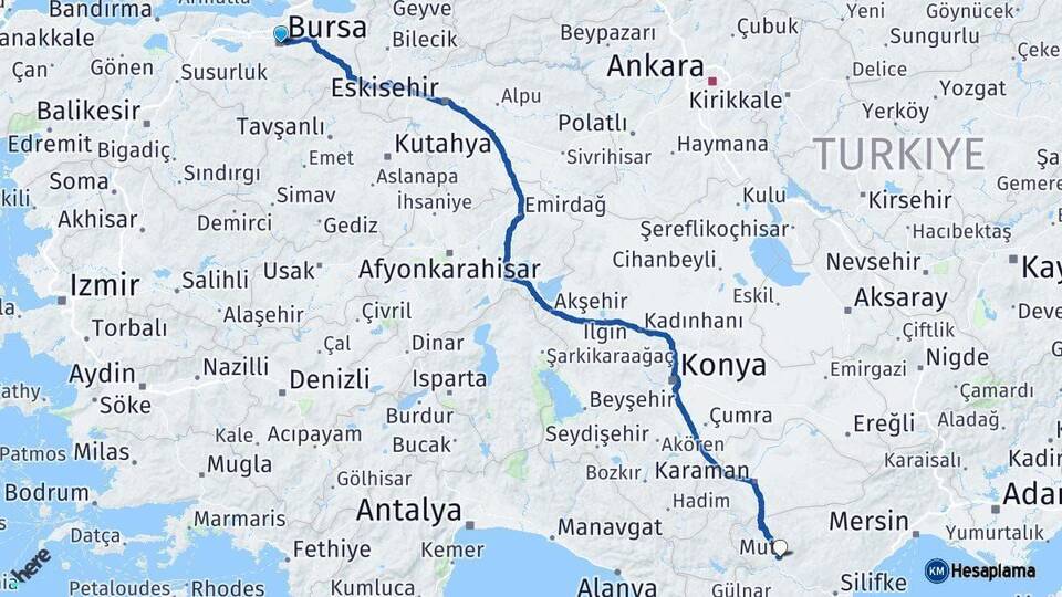 Bursa Mut Mersin Arası Kaç Km - Yol Haritası