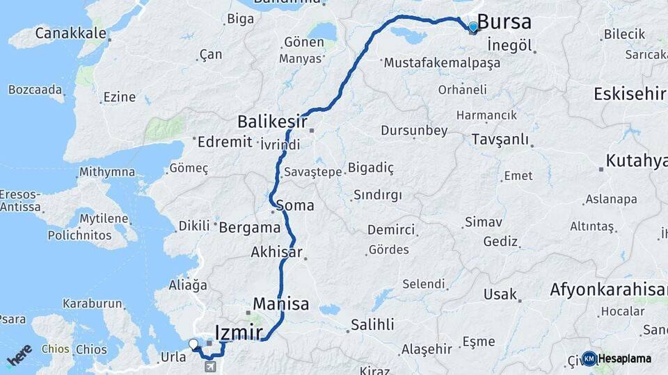 Bursa Narlıdere İzmir Arası Kaç Km - Yol Haritası