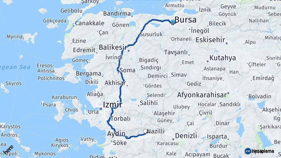 Bursa Nazilli Aydın Arası Kaç Km - Yol Haritası