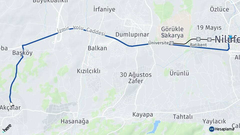Bursa Nilüfer Akçalar Nilüfer Arası Kaç Km - Yol Haritası
