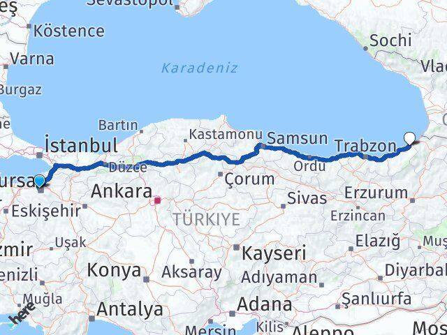 Bursa Nilüfer Çamlıca Fındıklı Rize Arası Kaç Km - Yol Haritası