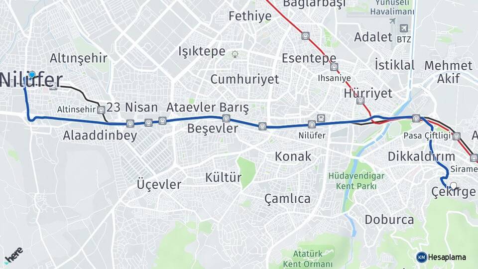 Bursa Nilüfer Çekirge Osmangazi Arası Kaç Km - Yol Haritası