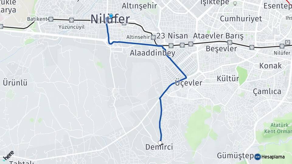 Bursa Nilüfer Demirci Nilüfer Arası Kaç Km - Yol Haritası
