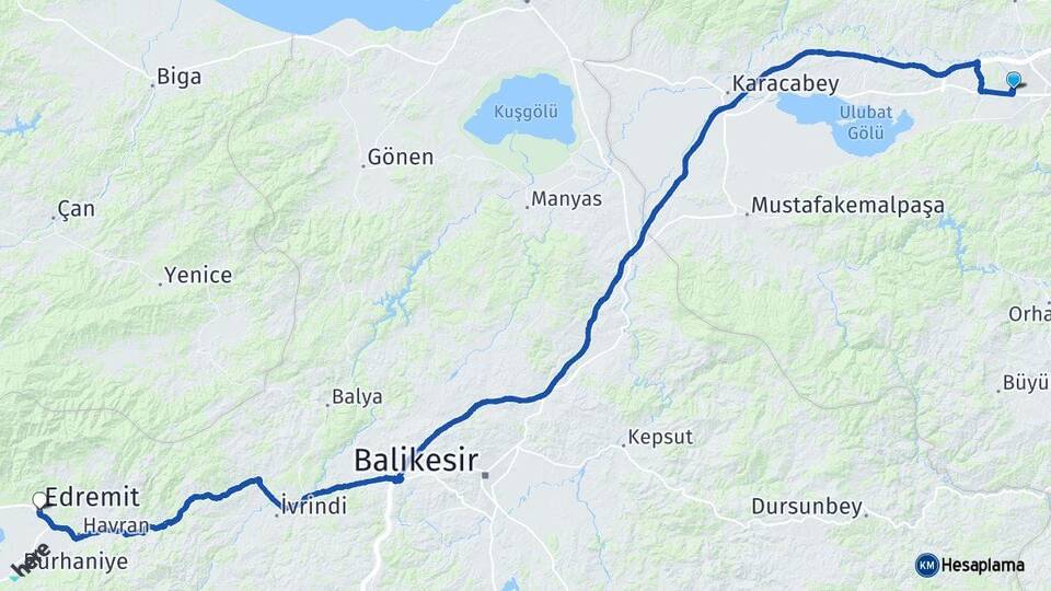 Bursa Nilüfer Edremit Balıkesir Arası Kaç Km - Yol Haritası