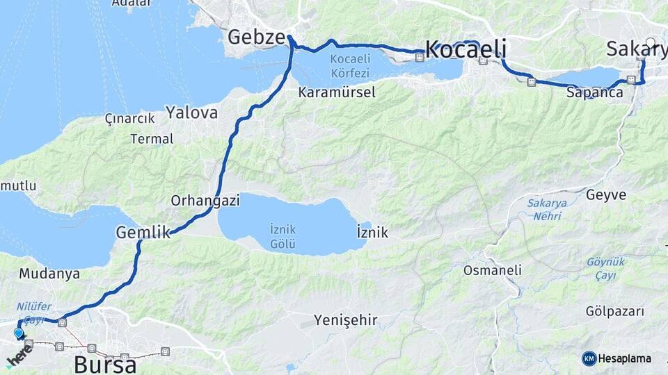 Bursa Nilüfer Görükle Adapazarı Sakarya Arası Kaç Km - Yol Haritası