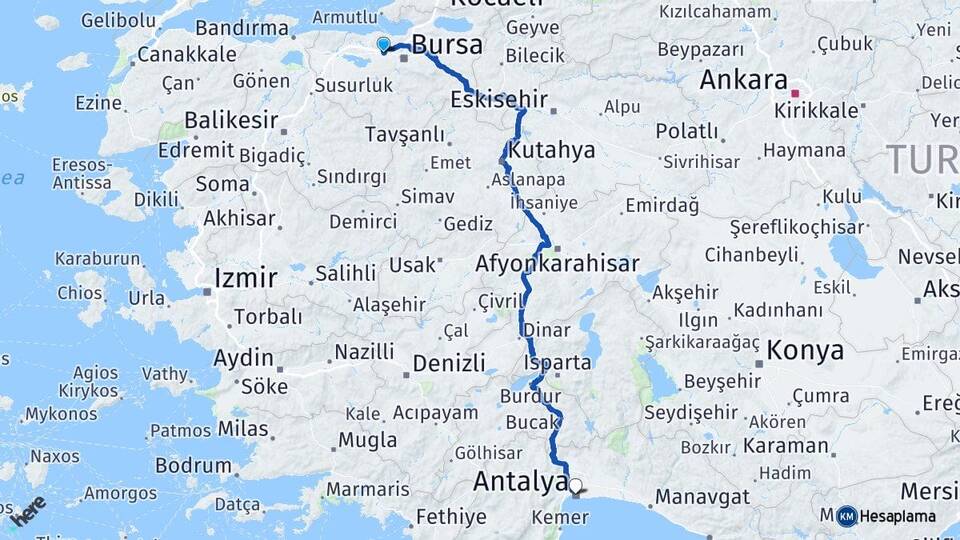 Bursa Nilüfer Görükle Antalya Arası Kaç Km - Yol Haritası