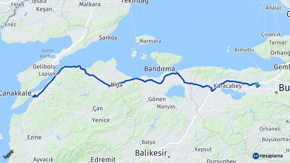 Bursa Nilüfer Görükle Çanakkale Arası Kaç Km - Yol Haritası