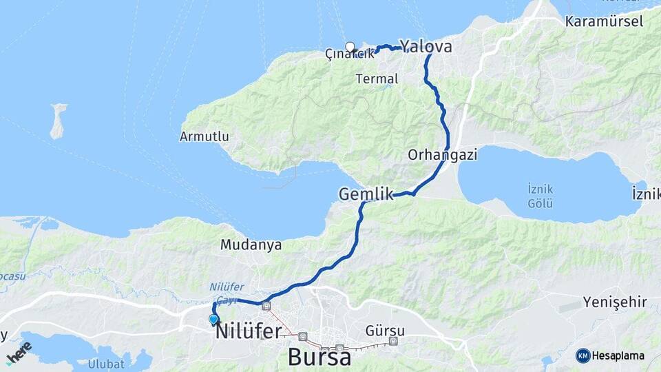 Bursa Nilüfer Görükle Çınarcık Yalova Arası Kaç Km - Yol Haritası