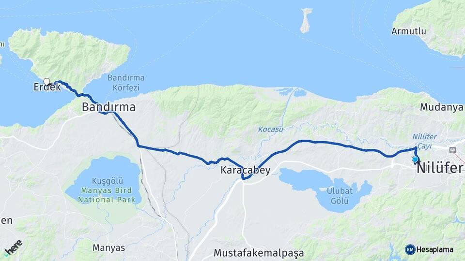 Bursa Nilüfer Görükle Erdek Balıkesir Arası Kaç Km - Yol Haritası