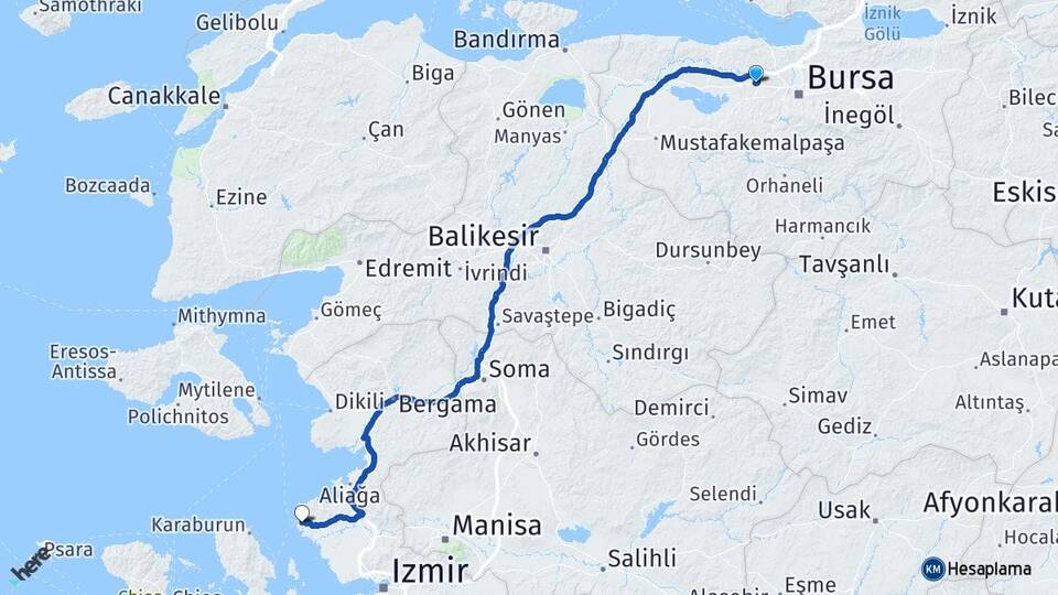 Bursa Nilüfer Görükle Foça İzmir Arası Kaç Km - Yol Haritası