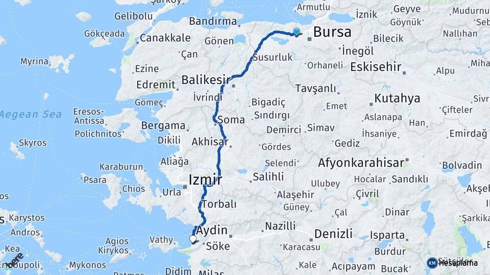 Bursa Nilüfer Görükle Kuşadası Aydın Arası Kaç Km - Yol Haritası