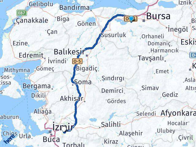 Bursa Nilüfer Hasanağa Kemalpaşa İzmir Arası Kaç Km - Yol Haritası