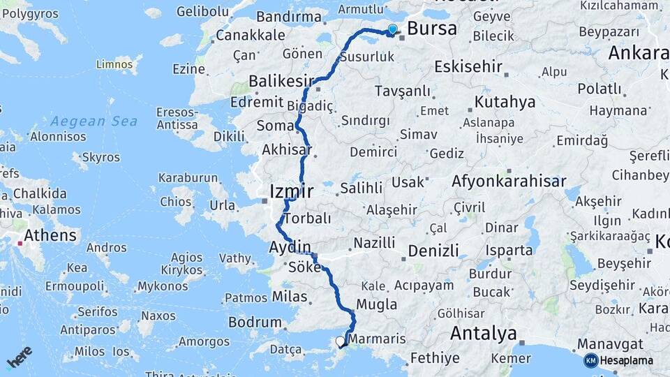 Bursa Nilüfer İçmeler Marmaris Muğla Arası Kaç Km - Yol Haritası