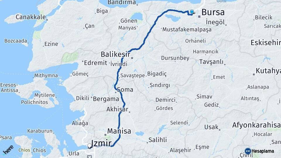 Bursa Nilüfer İzmir Arası Kaç Km - Yol Haritası
