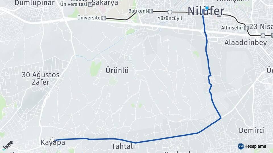 Bursa Nilüfer Kayapa Nilüfer Arası Kaç Km - Yol Haritası