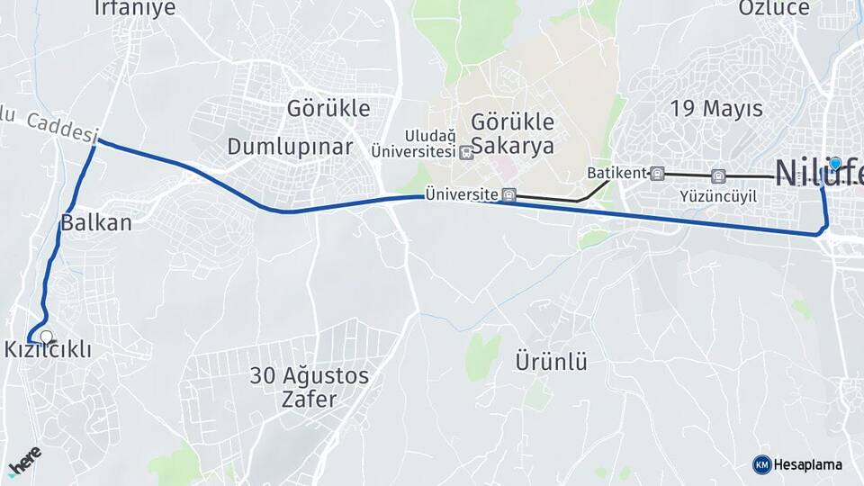 Bursa Nilüfer Kızılcıklı Nilüfer Arası Kaç Km - Yol Haritası