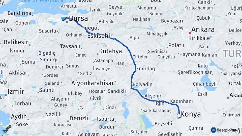 Bursa Nilüfer Konya Arası Kaç Km - Yol Haritası