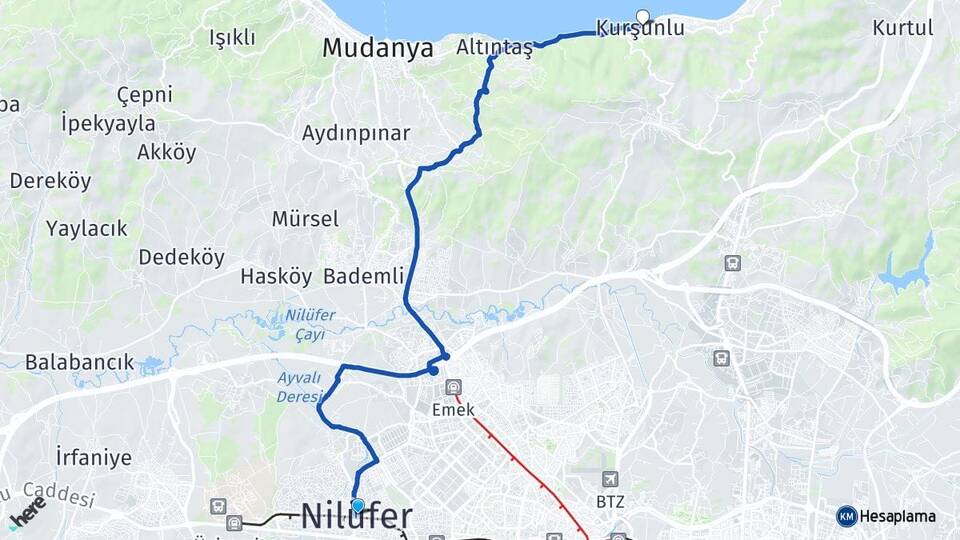 Bursa Nilüfer Kurşunlu Gemlik Arası Kaç Km - Yol Haritası