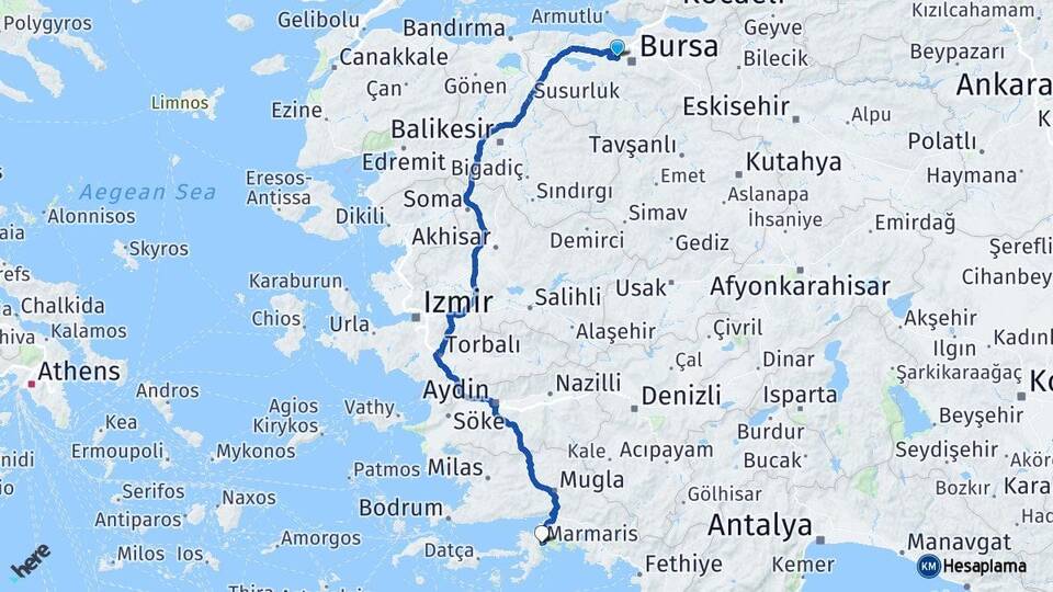 Bursa Nilüfer Marmaris Muğla Arası Kaç Km - Yol Haritası