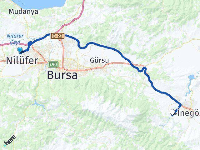 Bursa Nilüfer Özlüce İnegöl Arası Kaç Km - Yol Haritası