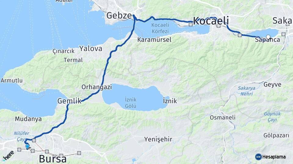 Bursa Nilüfer Sapanca Sakarya Arası Kaç Km - Yol Haritası