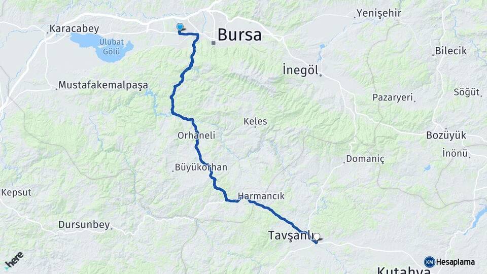 Bursa Nilüfer Tavşanlı Kütahya Arası Kaç Km - Yol Haritası