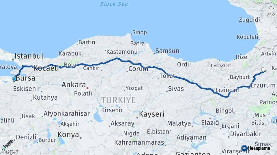 Bursa Oltu Erzurum Arası Kaç Km - Yol Haritası