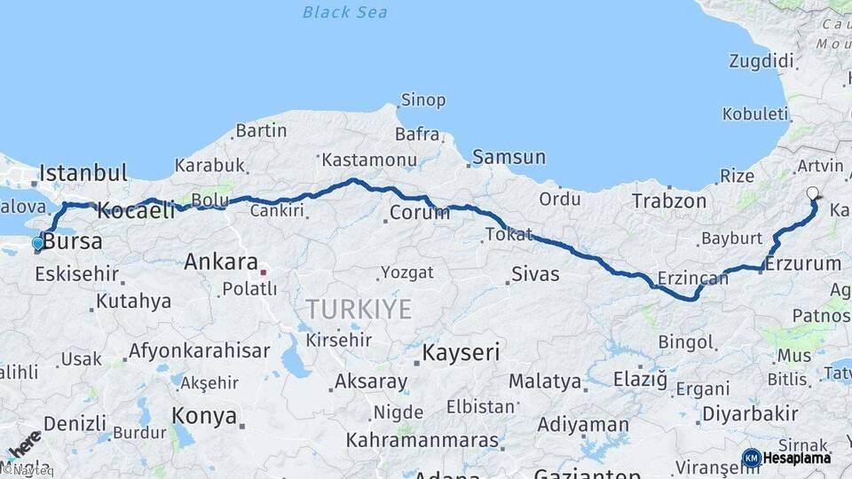 Bursa Olur Erzurum Arası Kaç Km - Yol Haritası