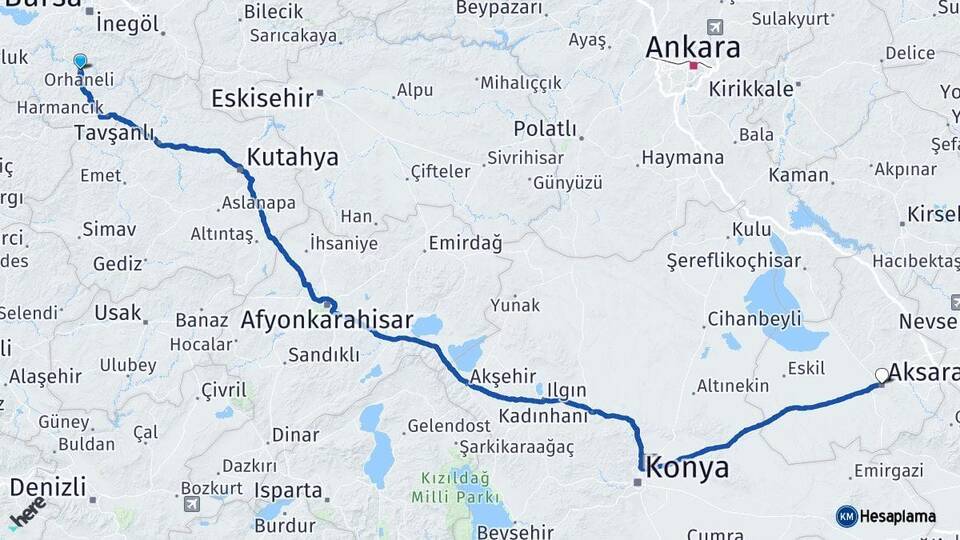 Bursa Orhaneli Aksaray Arası Kaç Km - Yol Haritası