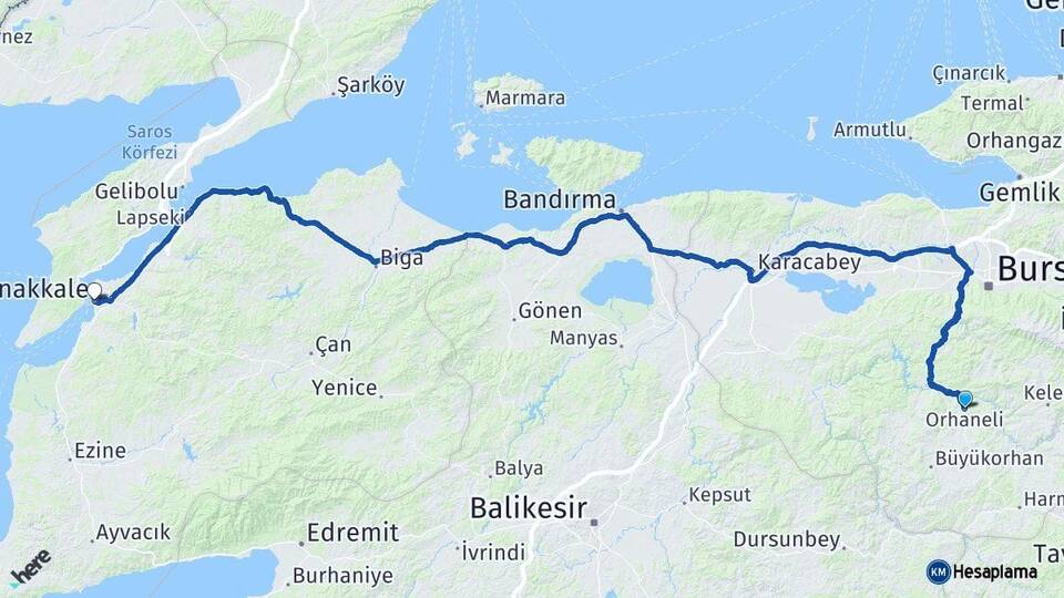 Bursa Orhaneli Çanakkale Arası Kaç Km - Yol Haritası