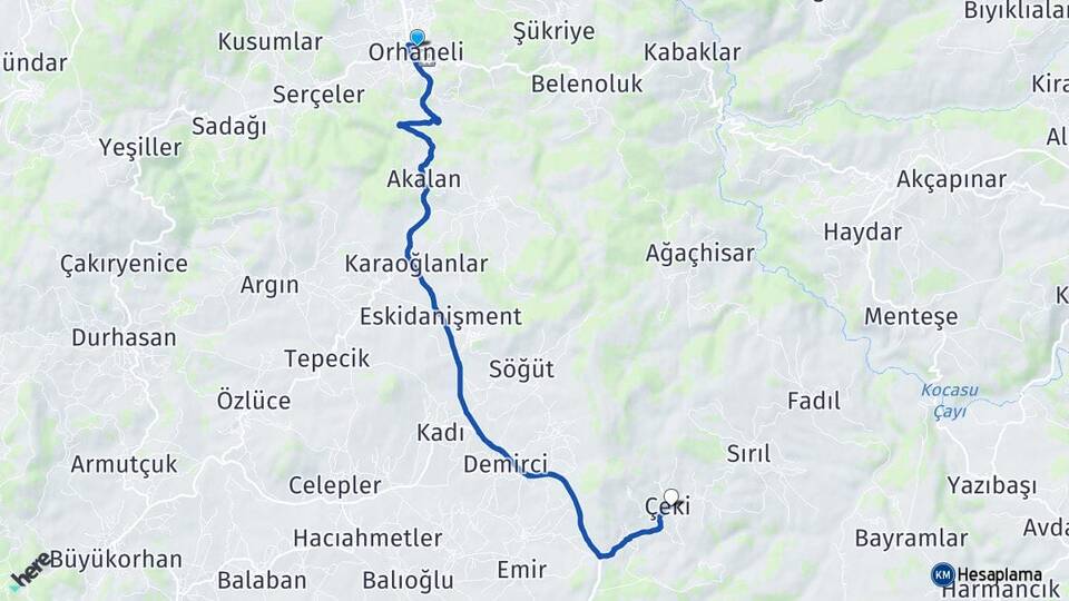 Bursa Orhaneli Çeki Orhaneli Arası Kaç Km - Yol Haritası