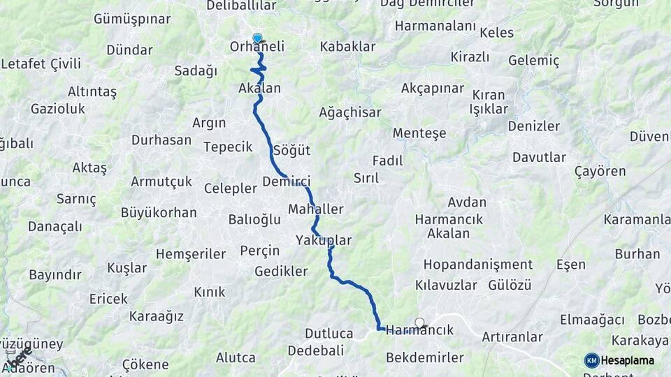 Bursa Orhaneli Harmancık Arası Kaç Km - Yol Haritası