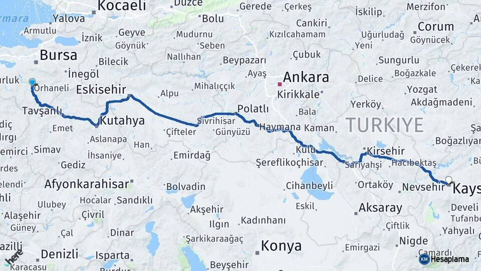 Bursa Orhaneli Kayseri Arası Kaç Km - Yol Haritası