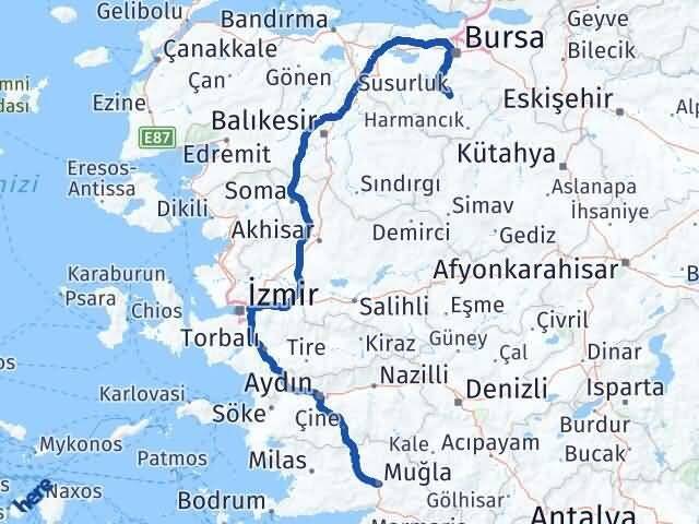 Bursa Orhaneli Muğla Arası Kaç Km - Yol Haritası