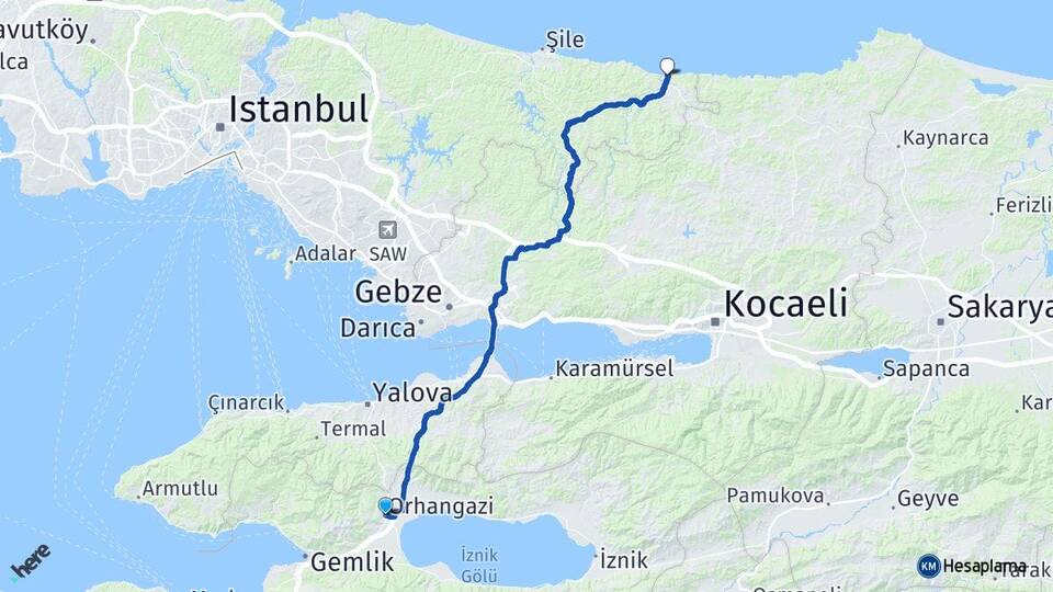 Bursa Orhangazi Ağva Şile İstanbul Arası Kaç Km - Yol Haritası