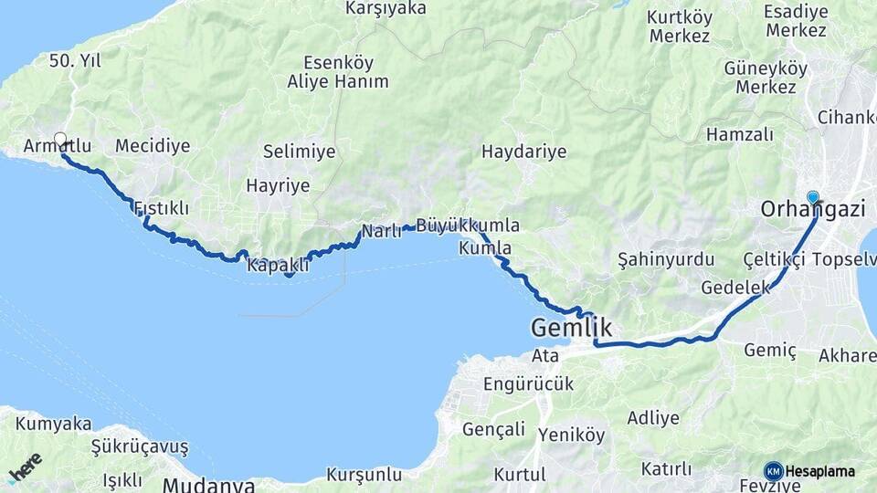 Bursa Orhangazi Armutlu Yalova Arası Kaç Km - Yol Haritası