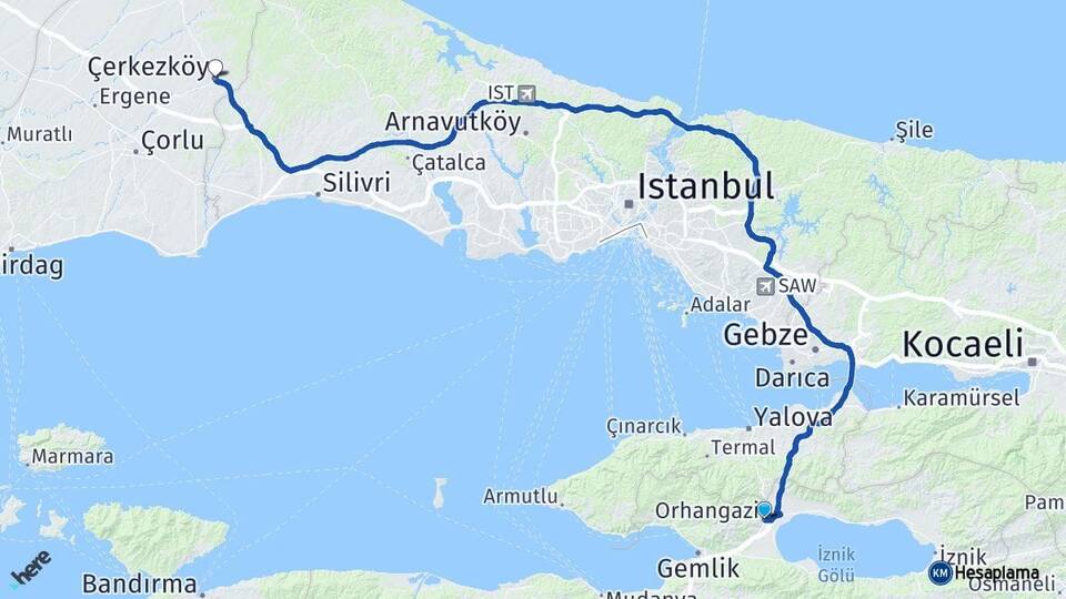 Bursa Orhangazi Çerkezköy Tekirdağ Arası Kaç Km - Yol Haritası